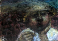 Riflessione - XXI secolo, Ritratto figurativo a pastello, Simbolico, Colori scuri