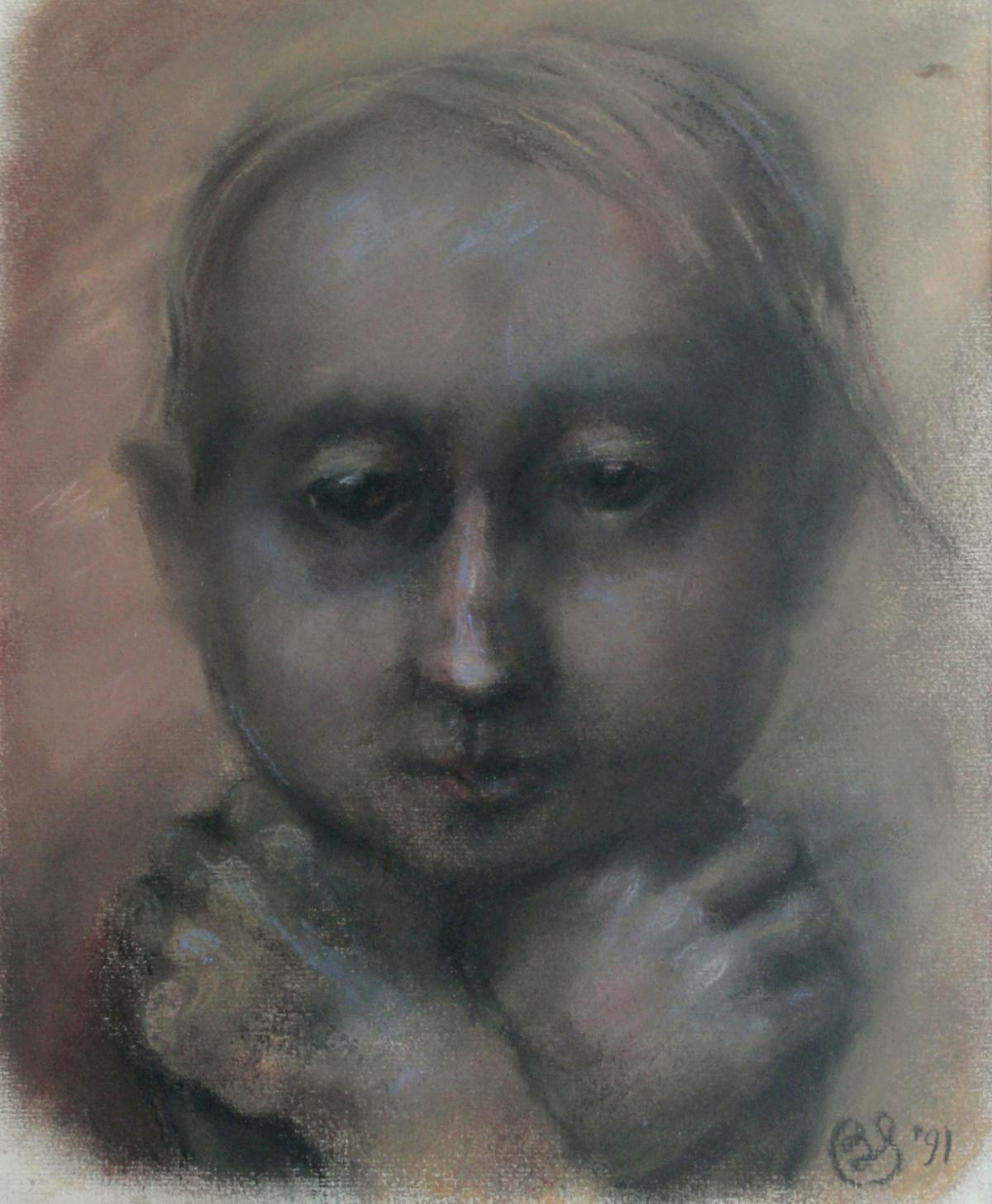 Thoughtful - XXI century, Figurative pastel portrait, Symbolic, Dark colours