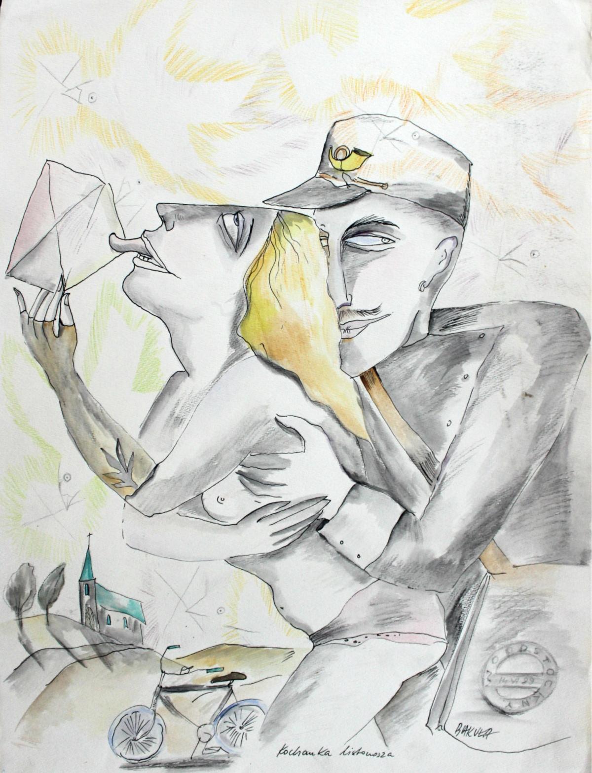 Hanna Bakuła Figurative Art - Postman's lover - XXI century, Watercolour figurative, Colourful