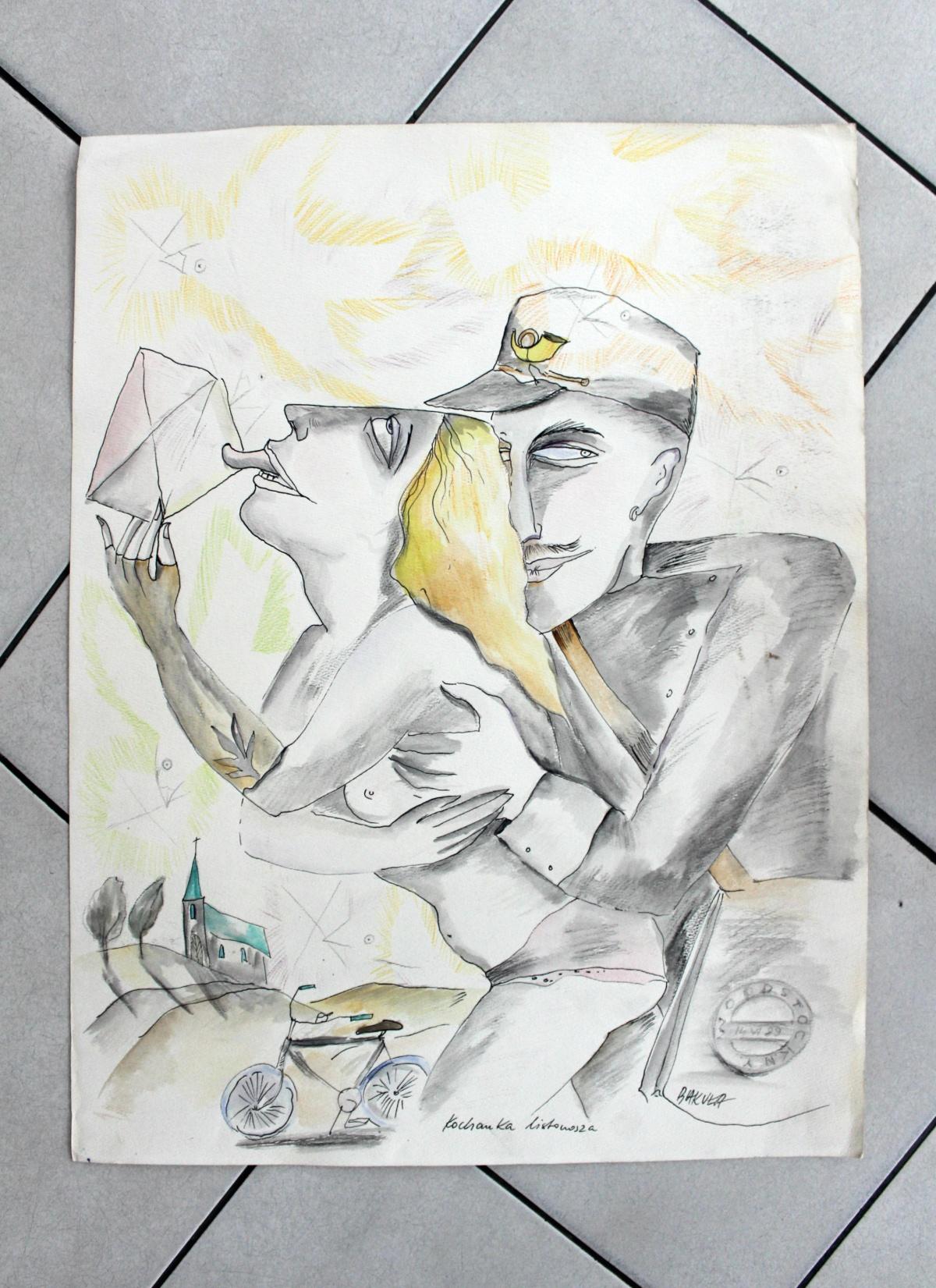 Postman's lover - XXI century, Watercolour figurative, Colourful - Art by Hanna Bakuła