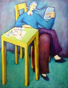 A riddle - Oil figurative painting, Bright and vivid colours, Interior