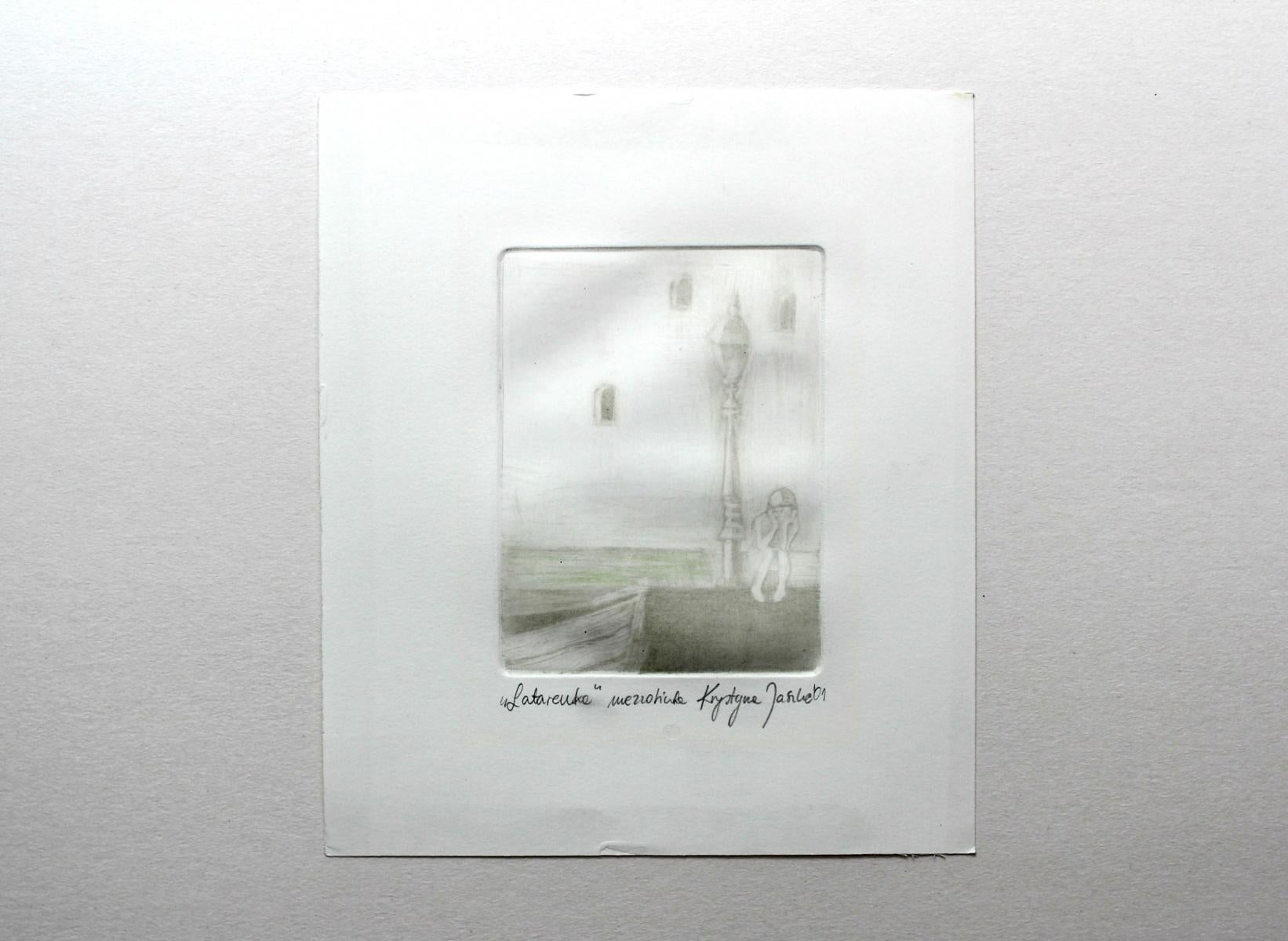 Lantern - XXI Jahrhundert, figurativer Mezzotinto-Druck, monochrom – Print von Krystyna Jaszke