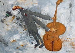 Passionate contrabassist - XXI century, Acrylic figurative painting, Grey