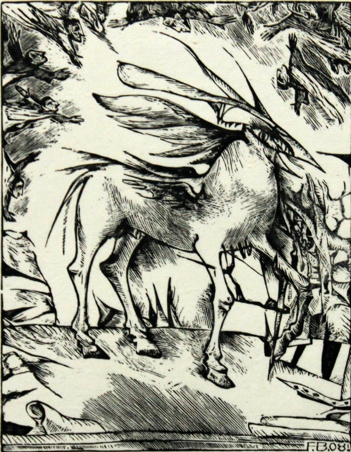 Franciszek Bunsch Figurative Print – Schwarz-Weiß-Radierung, mythologisches Pegasus des 21. Jahrhunderts