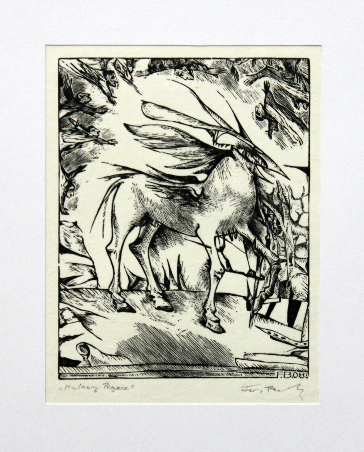 Schwarz-Weiß-Radierung, mythologisches Pegasus des 21. Jahrhunderts – Print von Franciszek Bunsch