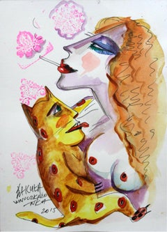 Wnuczkożonka - XXI century, Watercolour figurative, Colourful, Cat