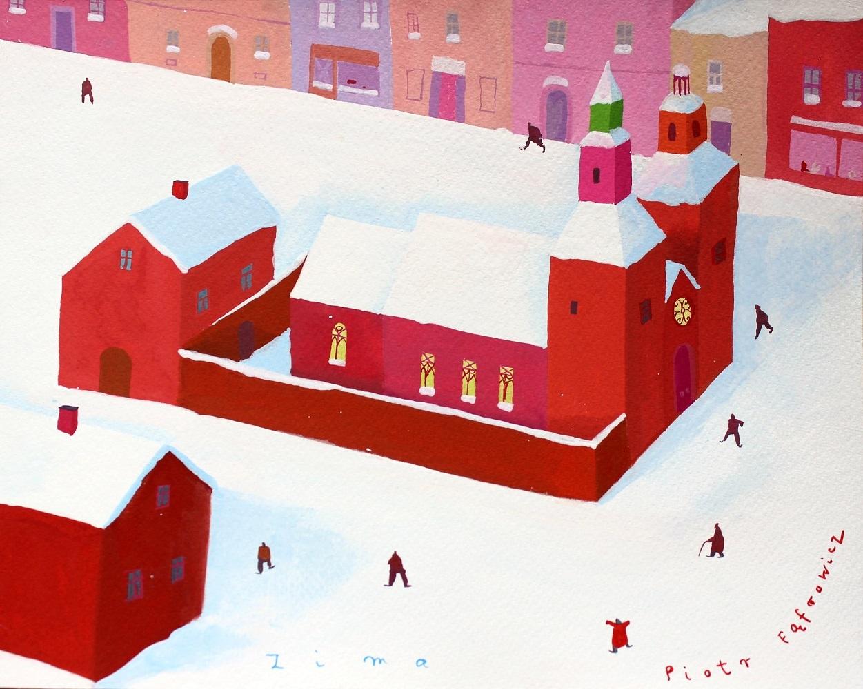 Piotr Fąfrowicz Figurative Art - Winter - XXI century, Gouache on paper, Town scene, Bright