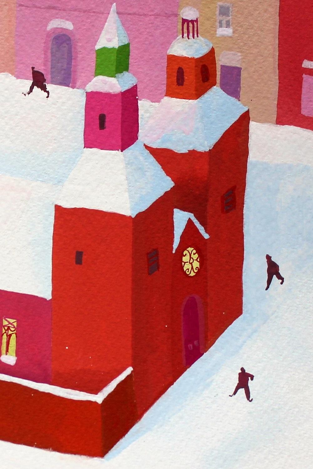 Winter - XXI century, Gouache on paper, Town scene, Bright - Art by Piotr Fąfrowicz