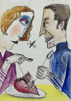 Heart on a plate - XXI century, Watercolour figurative, Colourful, Satirical