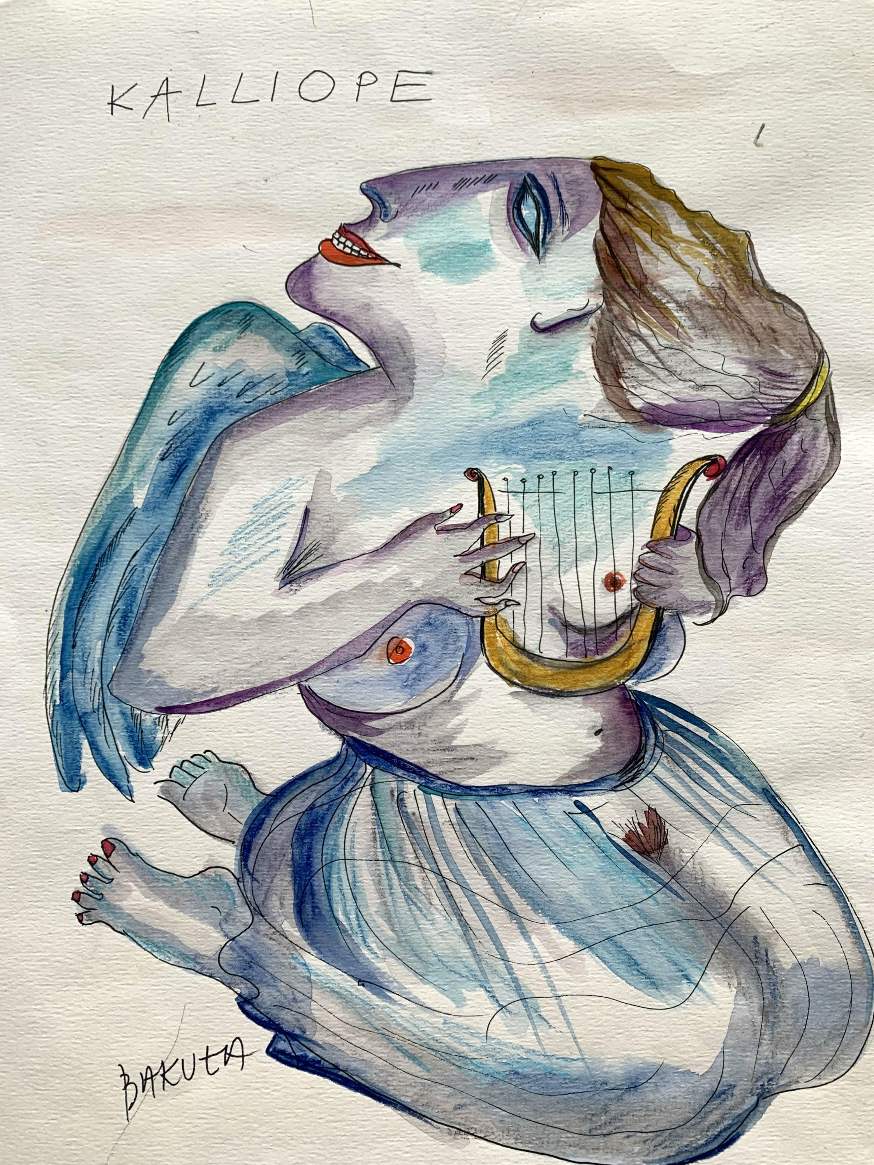 Hanna Bakuła Figurative Art - Calliope - XXI century, Watercolour figurative, Colourful, Mythology