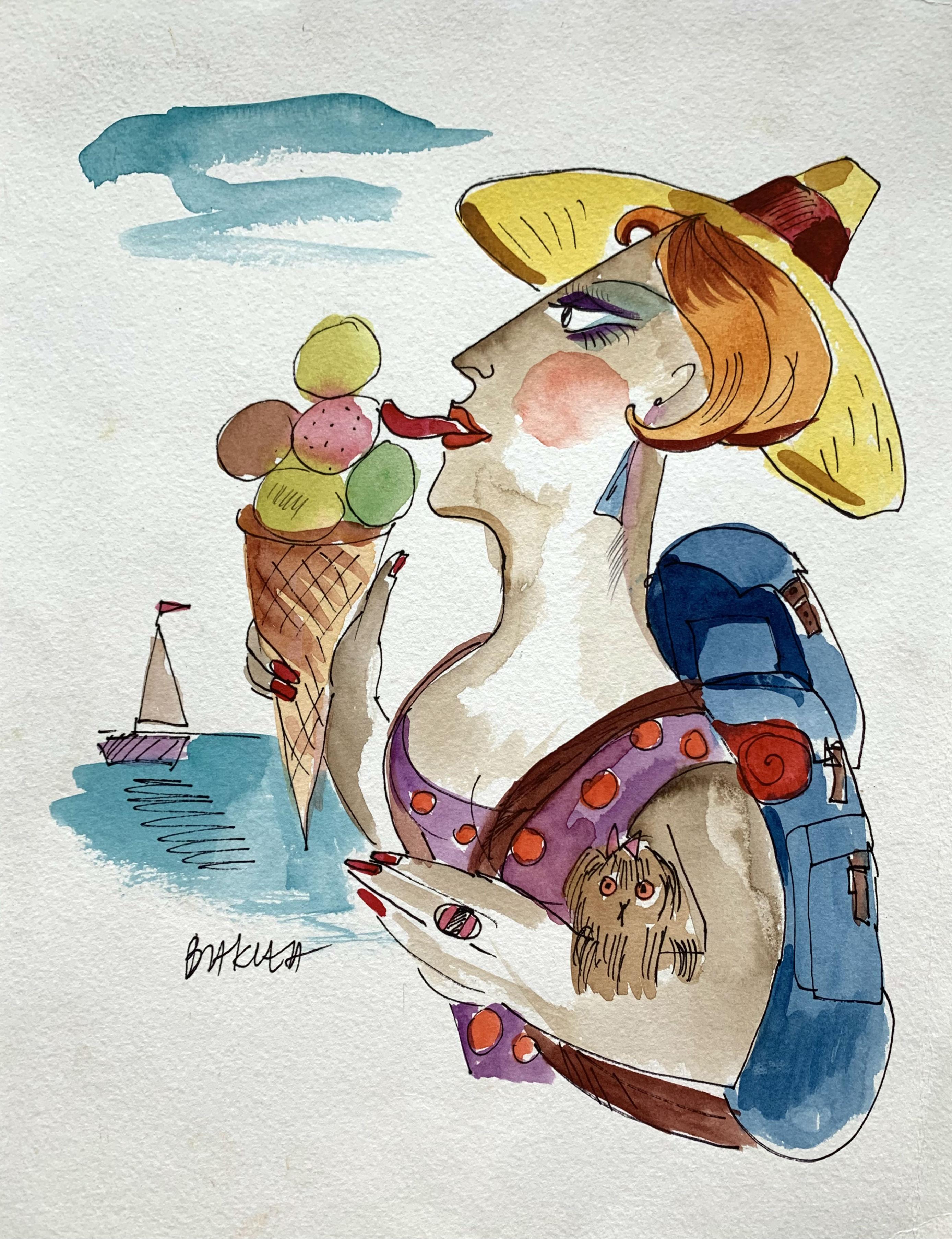 Hanna Bakuła Figurative Art - Ice cream - XXI century, Watercolour, Figurative, Colourful, Satirical