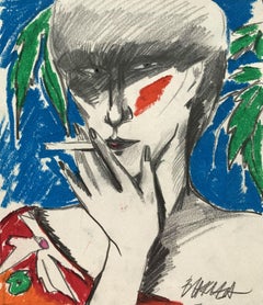 Autorretrato - Siglo XX, Dibujo al crayón, Figurativo, Colorido
