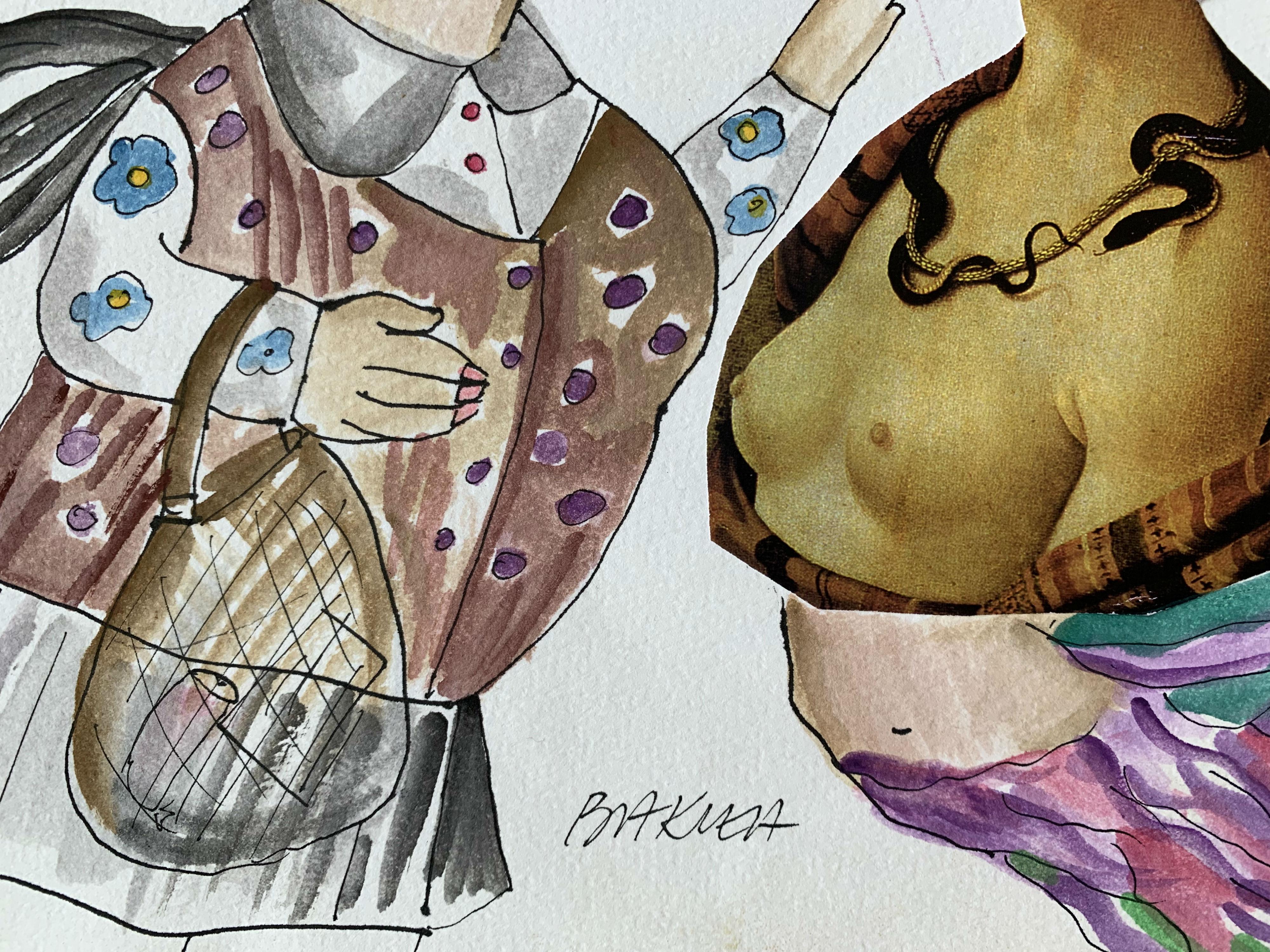 Renaissance familiarity - Watercolour collage, Figurative, Colourful, Satirical - Beige Figurative Art by Hanna Bakuła