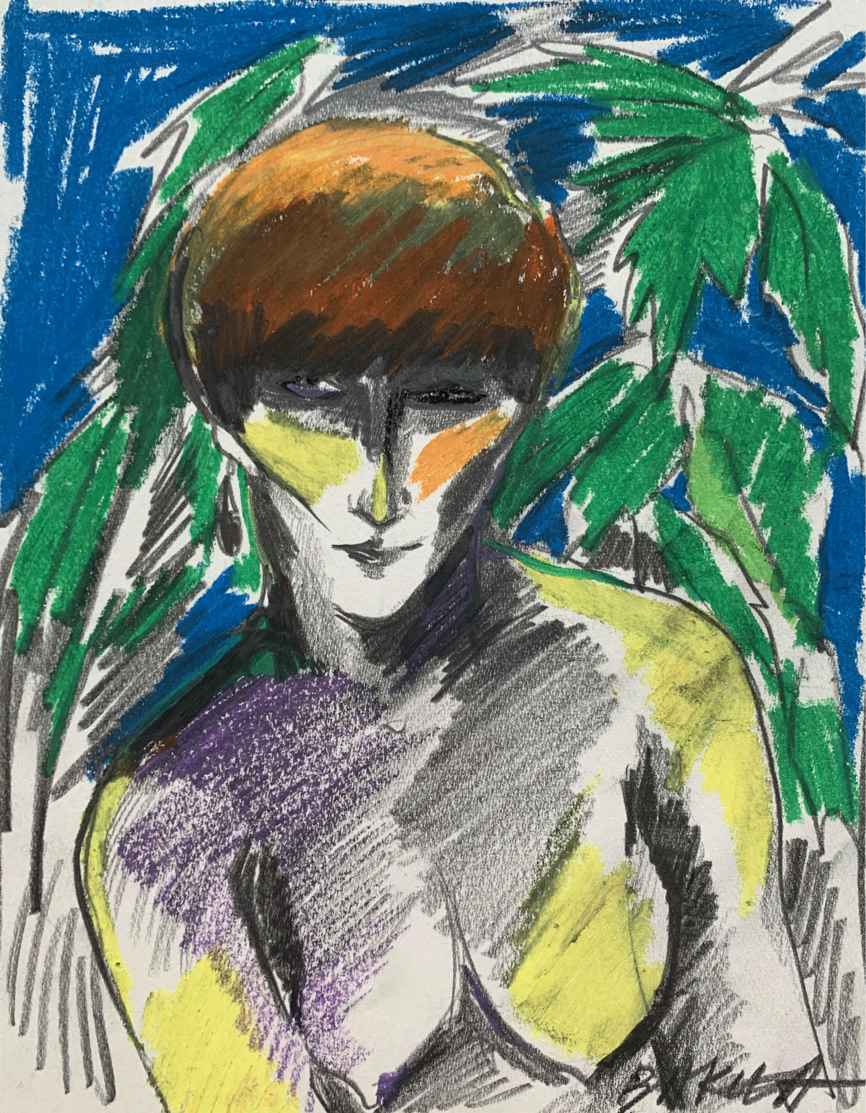 Selfportrait - Kreidezeichnung, figürlich, farbenfroh, Frau, nackt