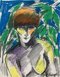 Autorretrato - Dibujo al crayón, Figurativo, Colorido, Mujer, Desnudo