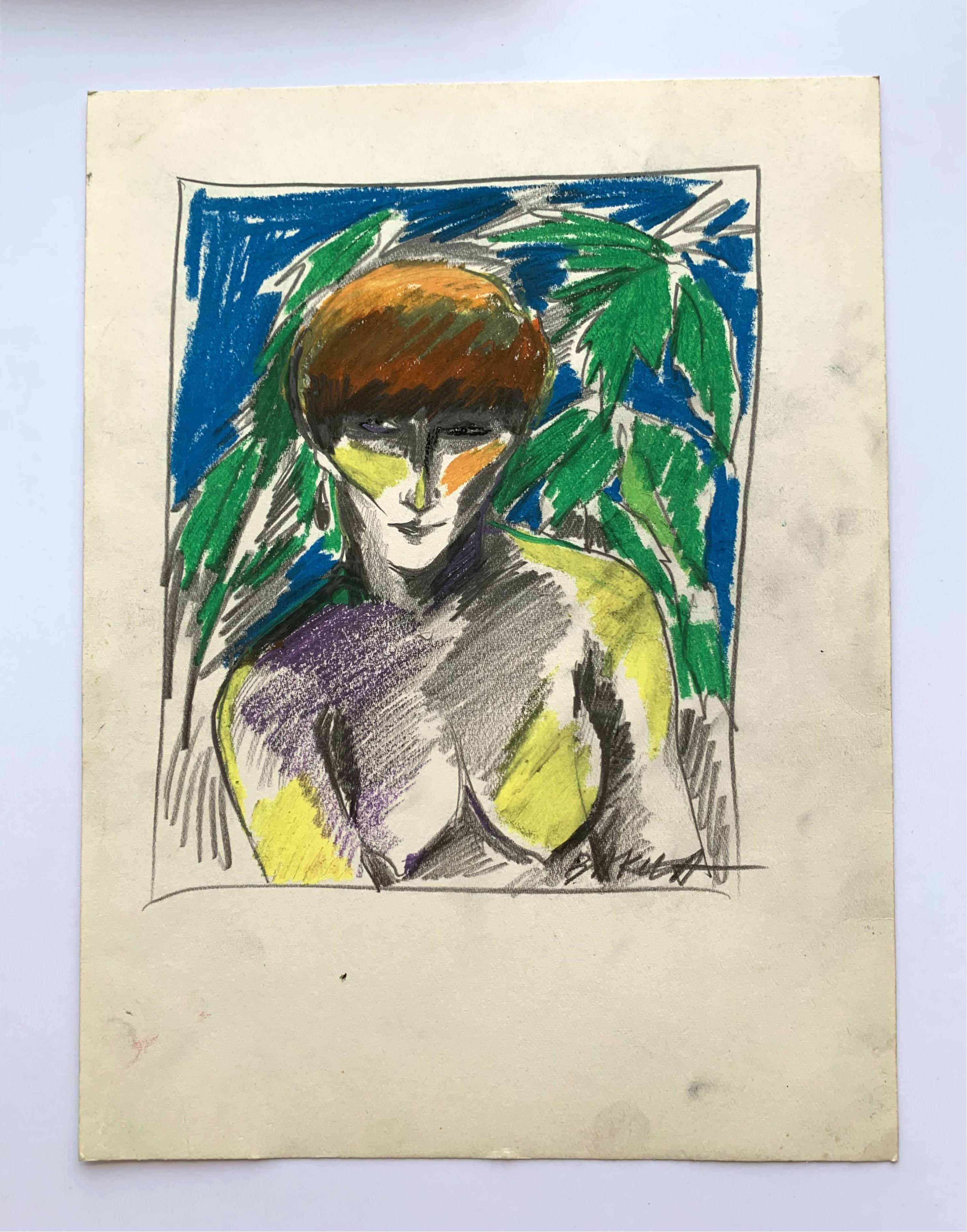 Selfportrait - dessin au crayon, figuratif, coloré, femme, nu - Art de Hanna Bakuła