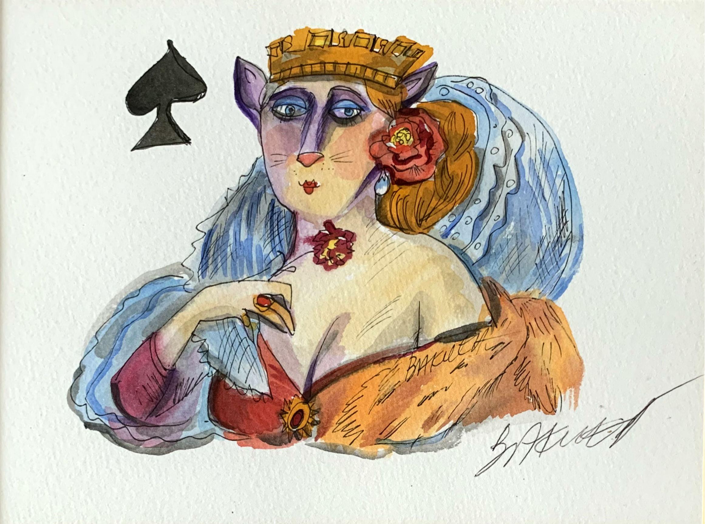 Lady of spades - Aquarellgemälde, figürlich, farbenfroh