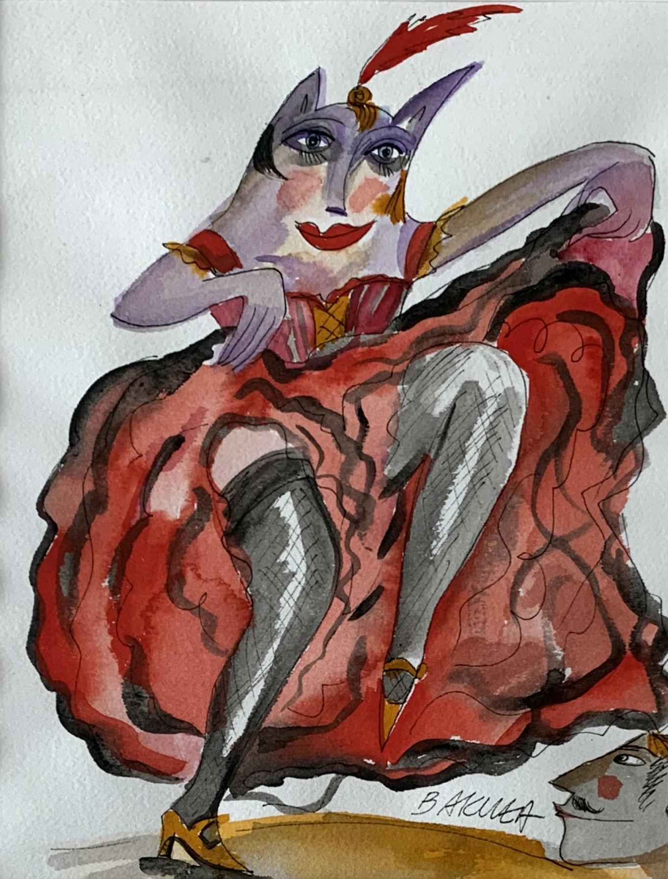 Cancan - Aquarellgemälde, figurativ, farbenfroh, tanzend, satirisch