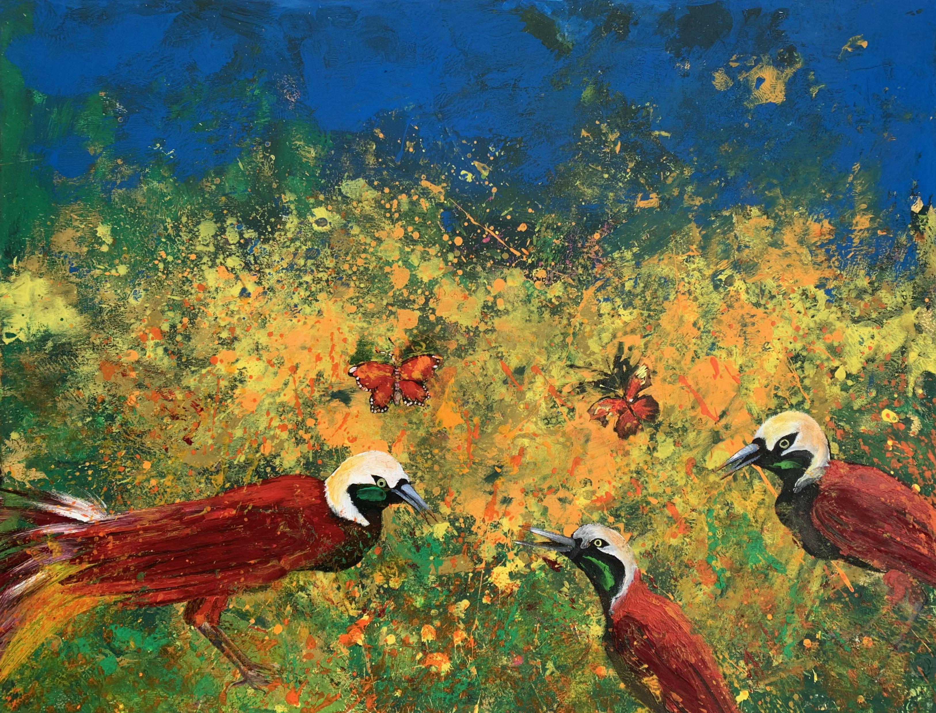 Gardens of Delight LVII - XXIe siècle, peinture à l'huile figurative, Oiseaux, Colorful