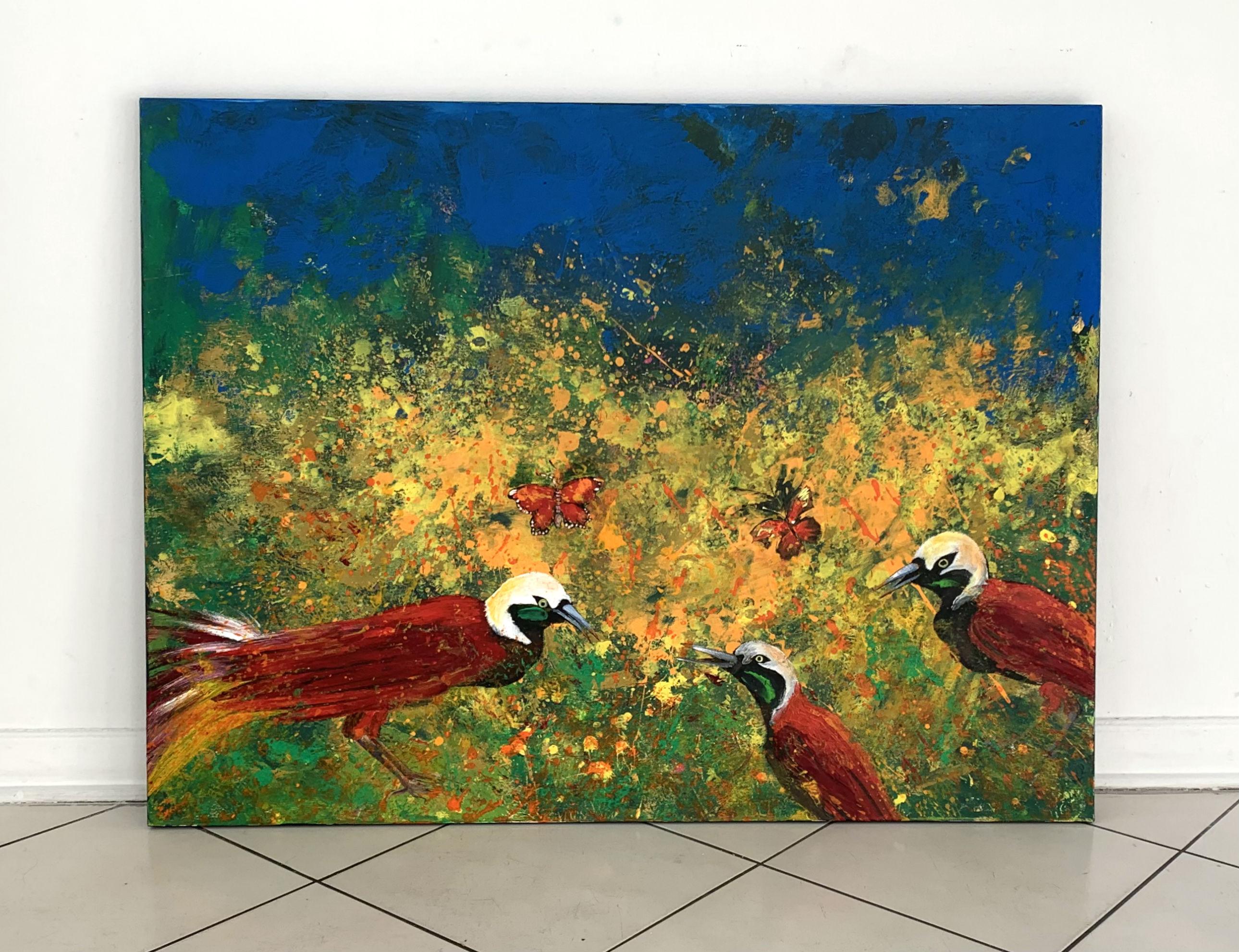 Gardens of Delight LVII - XXI century figurative oil painting, Birds, Colorful - Painting by Magdalena Nałęcz