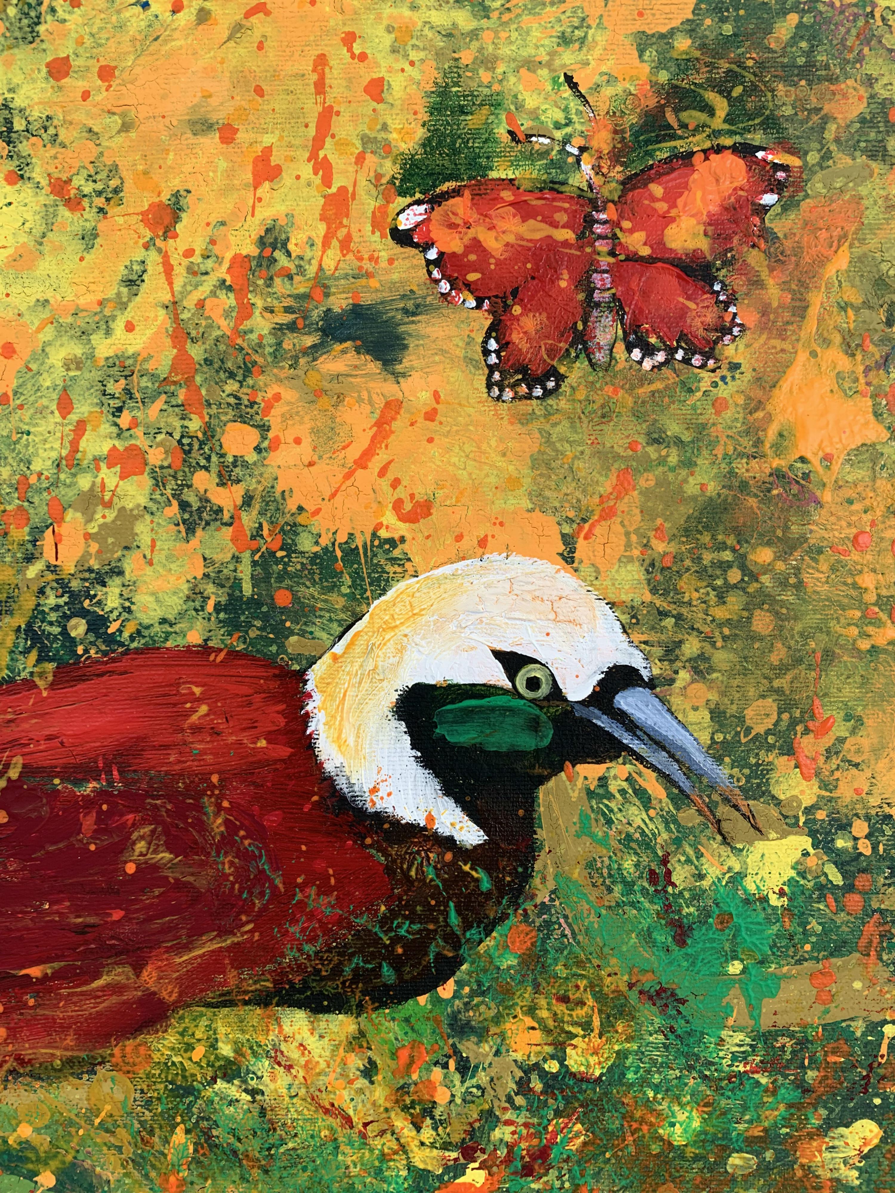 Jardines de las Delicias LVII - Pintura al óleo figurativa del siglo XXI, Pájaros, Colorido - Figurative Painting Negro de Magdalena Nałęcz