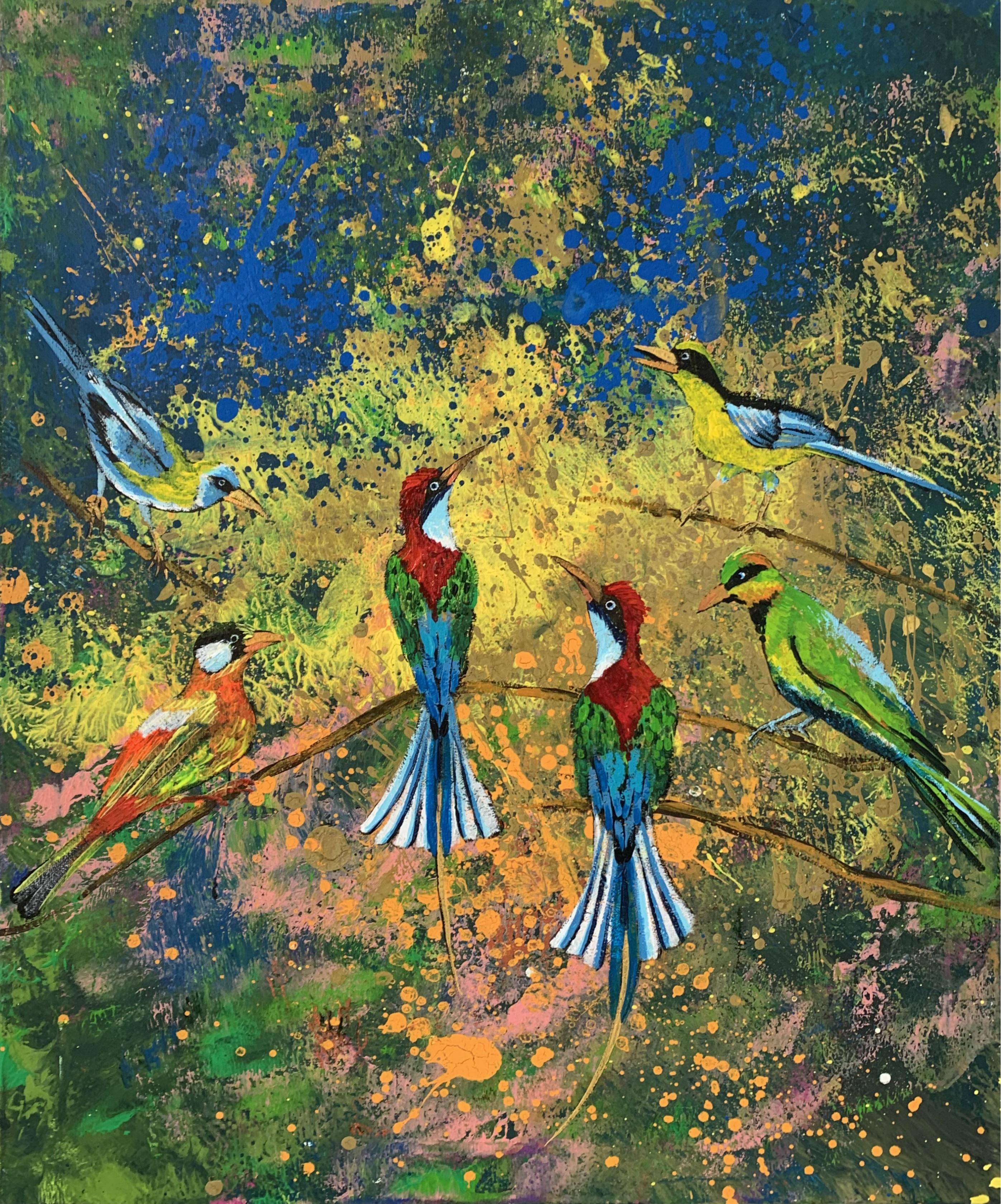 Magdalena Nałęcz Figurative Painting - Gardens of Delight LVI - XXI century figurative oil painting, Birds, Colorful