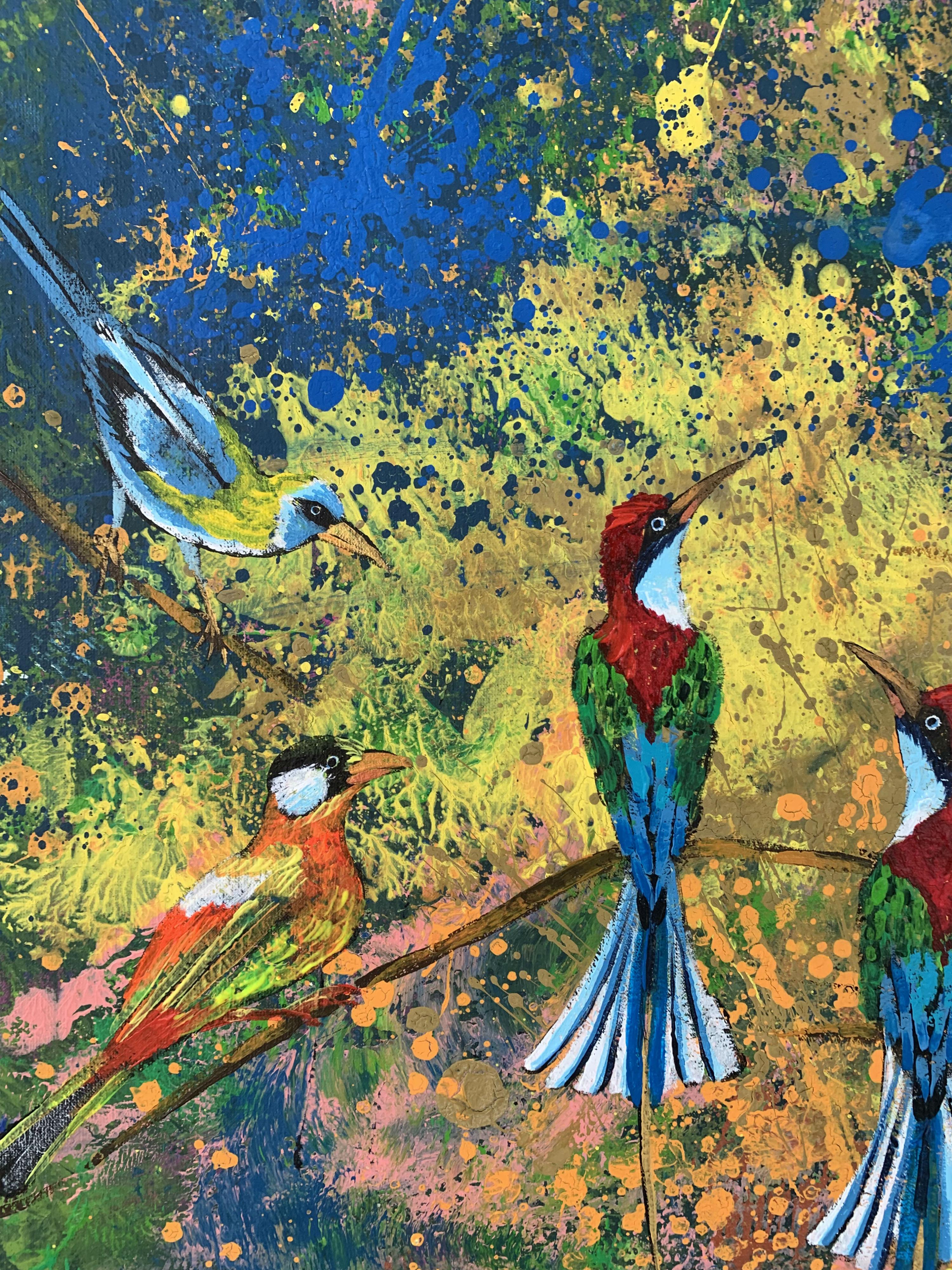 Gardens of Delight LVI - XXI century figurative oil painting, Birds, Colorful - Contemporary Painting by Magdalena Nałęcz