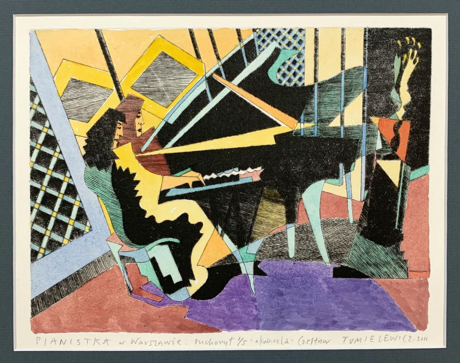 Pianist in Warsaw - Figurative drypoint print & watercolor, Colorful, Music - Print by Czeslaw Tumielewicz
