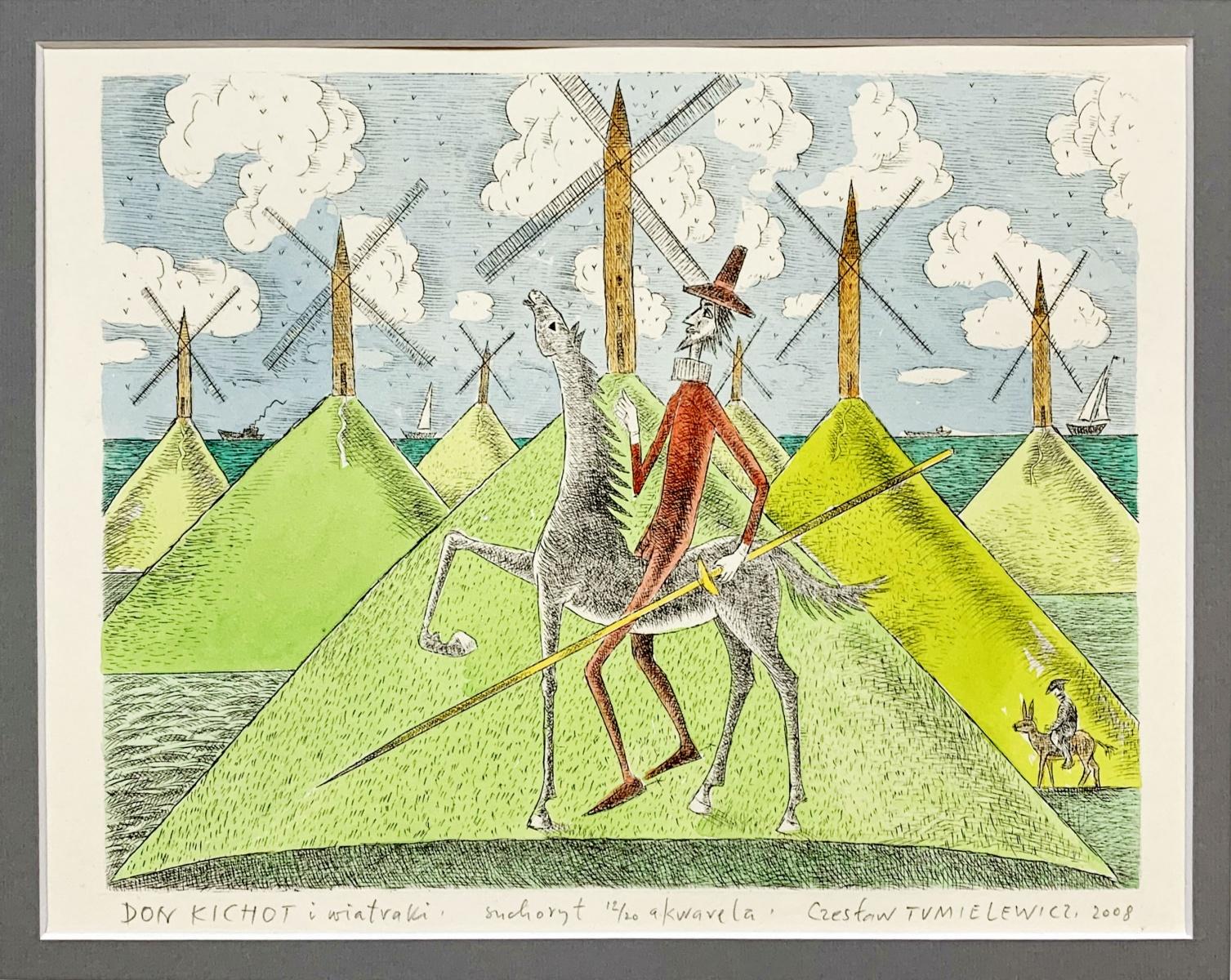 Don Kichot & a windmill - Figurative drypoint print & watercolor, Colorful - Print by Czeslaw Tumielewicz