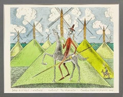 Don Kichot & a windmill - Figurative drypoint print & watercolor, Colorful
