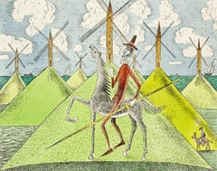 Don Kichot & a windmill - Figurative drypoint print & watercolor, Colorful