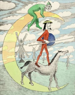 Don Kichot on a Moon - Figurative drypoint print & watercolor, Colorful