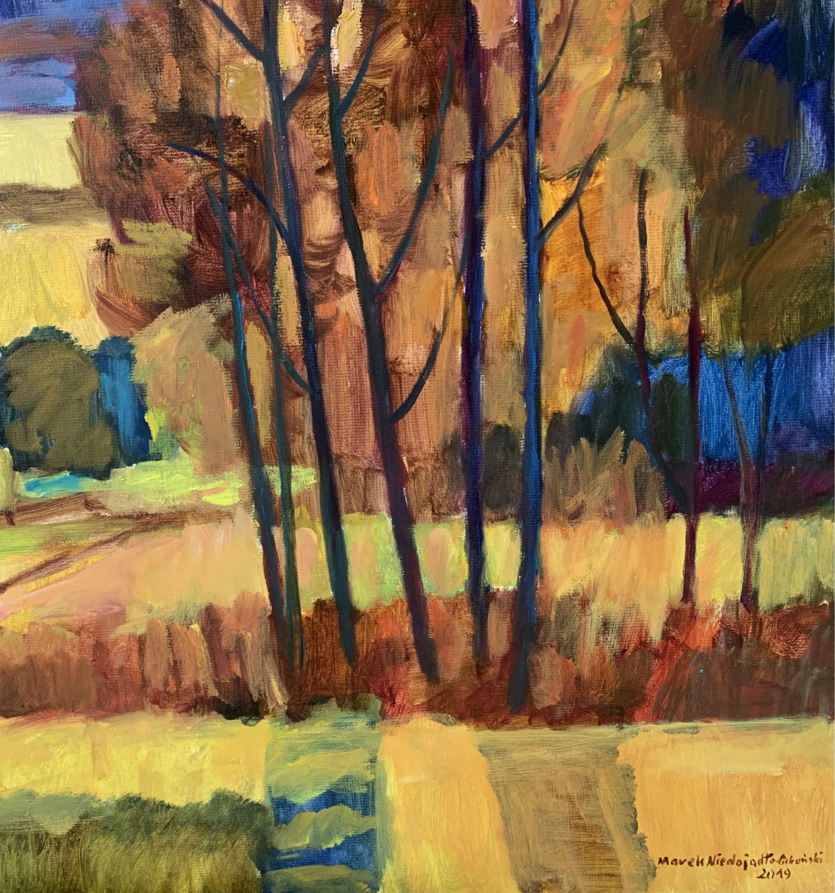 Paysage de Grabno - XXIe siècle, peinture à l'huile - Paysage coloré - Marron Figurative Painting par Marek Niedojadło