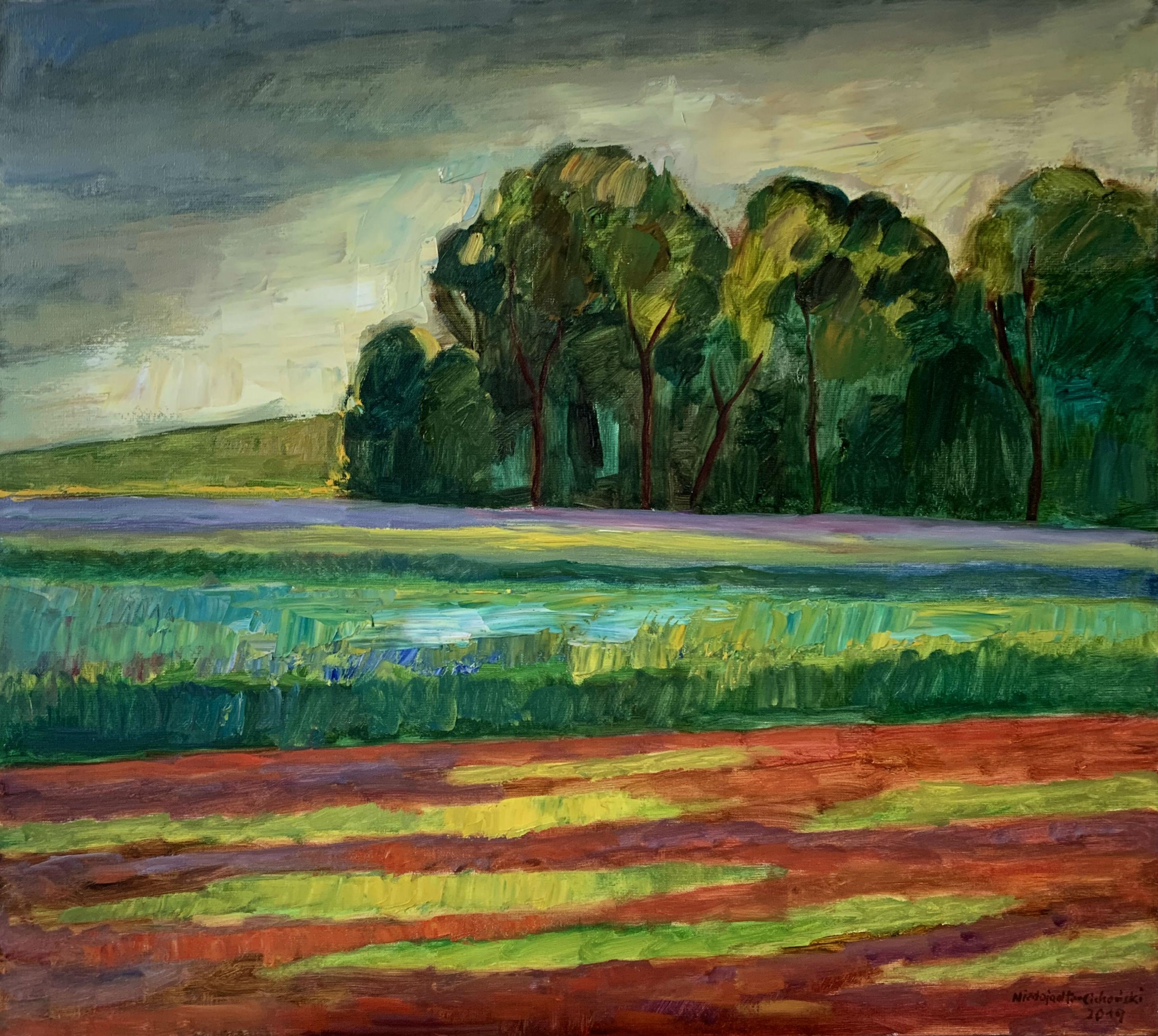 Marek Niedojadło Landscape Painting – A meadow - XXI Jahrhundert, Öl-Landschaftsgemälde, farbenfrohes, Naturansicht