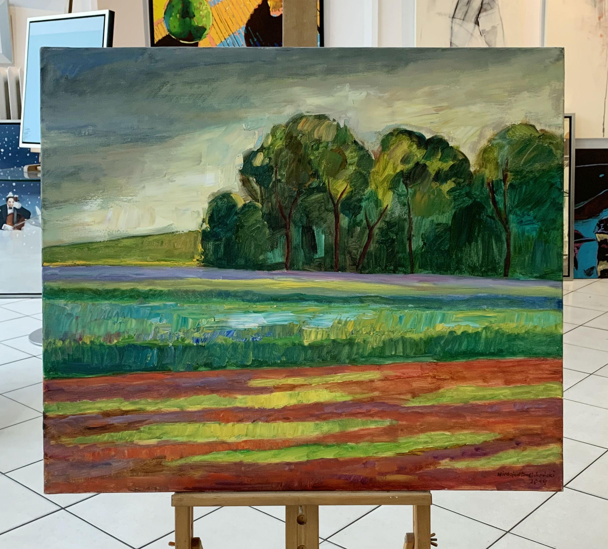 A meadow - XXI Jahrhundert, Öl-Landschaftsgemälde, farbenfrohes, Naturansicht – Painting von Marek Niedojadło