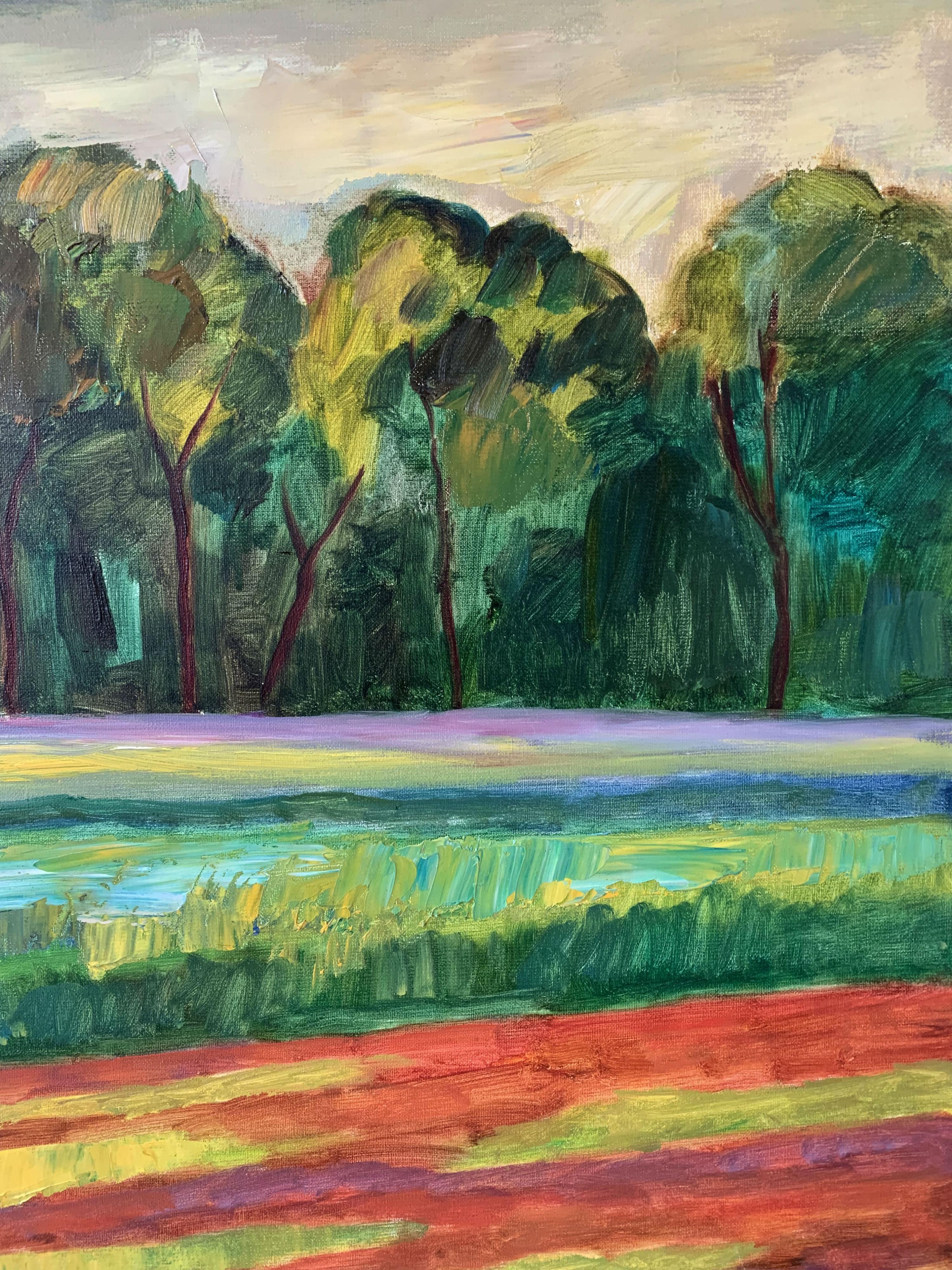 A meadow - XXI Jahrhundert, Öl-Landschaftsgemälde, farbenfrohes, Naturansicht (Schwarz), Landscape Painting, von Marek Niedojadło