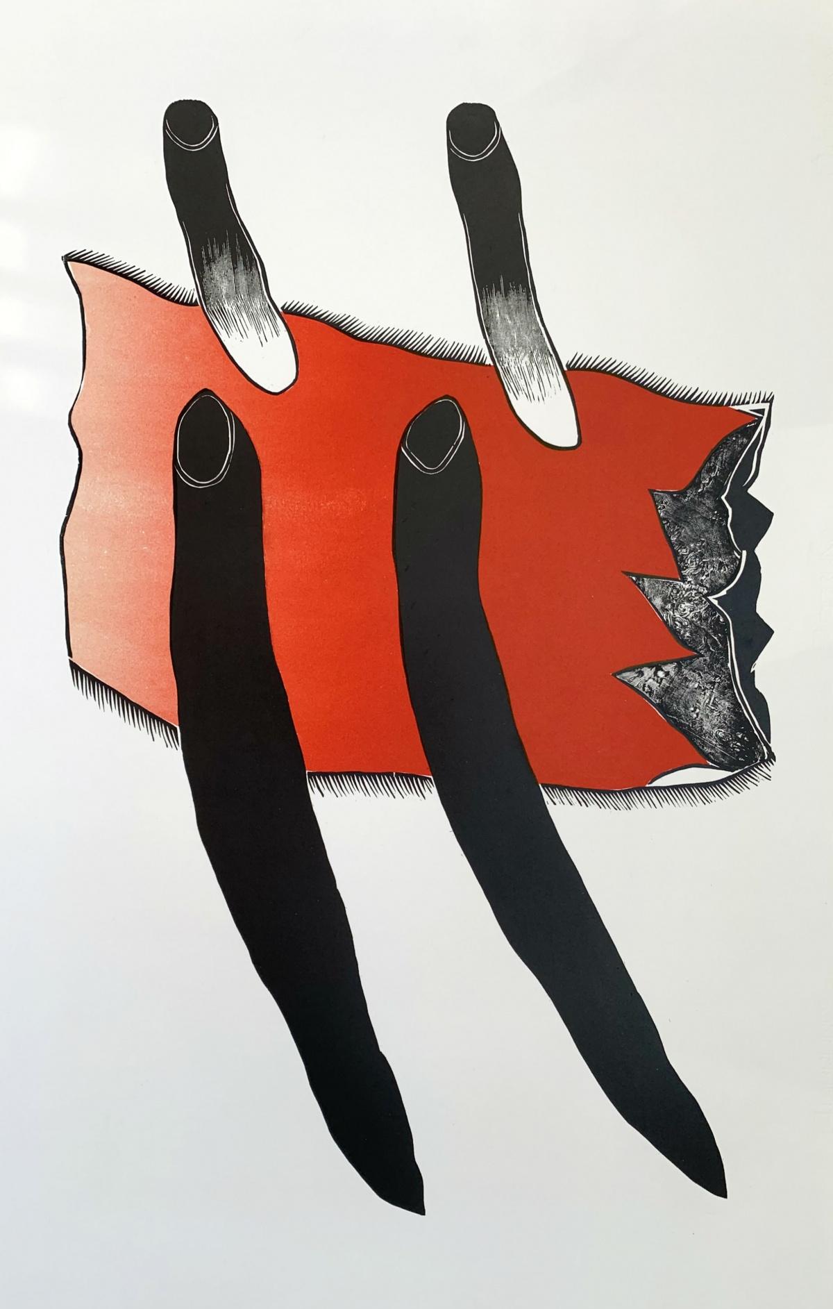 26 XII - XXI Century abstraction woodcut print, Red black & white