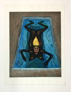 A frog - XX Century figurative etching print, Vibrant colors, Surreal