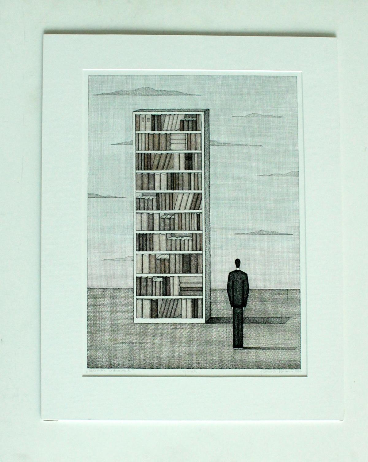 Library in the clouds - XXI century contemporary figurative drawing, Surreal - Art by Joanna Wiszniewska-Domanska