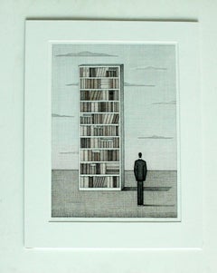 Library in the clouds - XXI century contemporary figurative drawing, Surreal