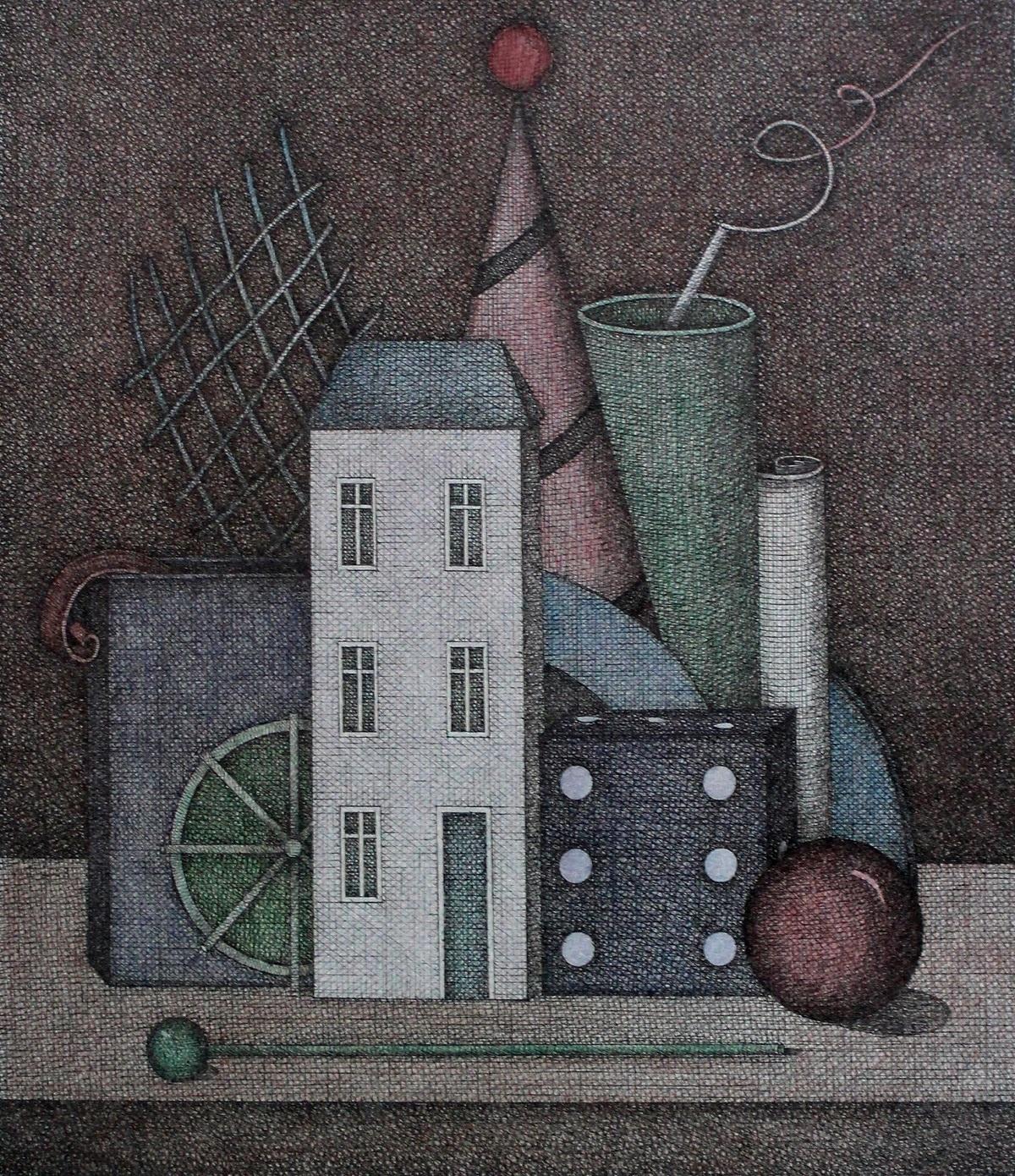 Still life with house - XXI century contemporary figurative print, Muted colors