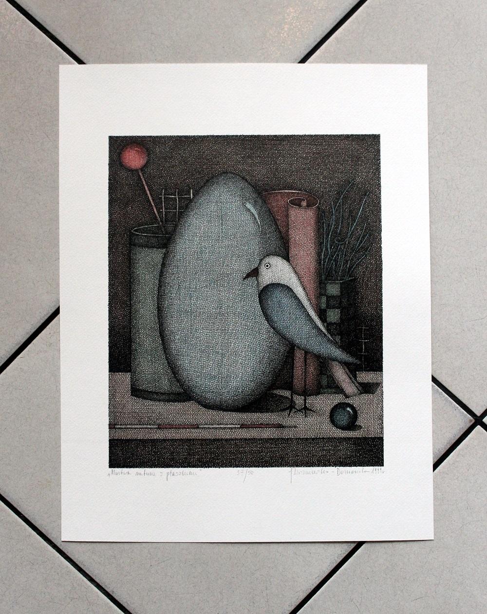 Still life with a bird - XXI century contemporary figurative print - Art by Joanna Wiszniewska-Domanska