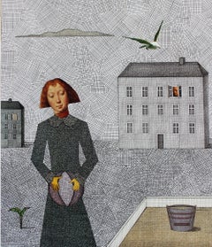Girl with a ball -XXI century contemporary figurative print & collage surrealism