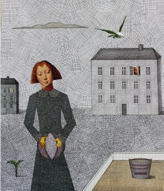 Girl with a ball (Fille avec une boule), impression figurative contemporaine du XXe siècle et collage surréaliste