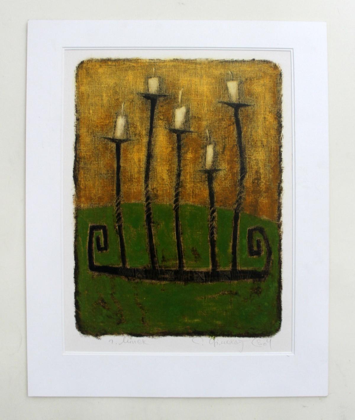 Candlestick - Contemporary Figurative Monotype Print, Warm tones, Still life - Brown Figurative Print by Siergiej Timochow