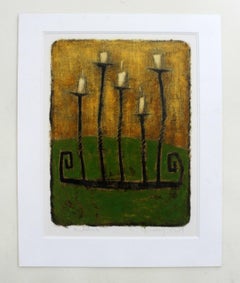 Candlestick - Contemporary Figurative Monotype Print, Warm tones, Still life