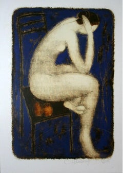 Nude - XXI Century, Contemporary Figurative Monotype Print, Blue & orange