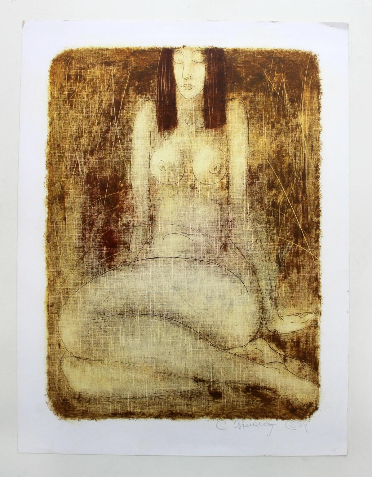 Nude - XXI Century, Figurative Monotype Print, Monochromatic - Brown Nude Print by Siergiej Timochow