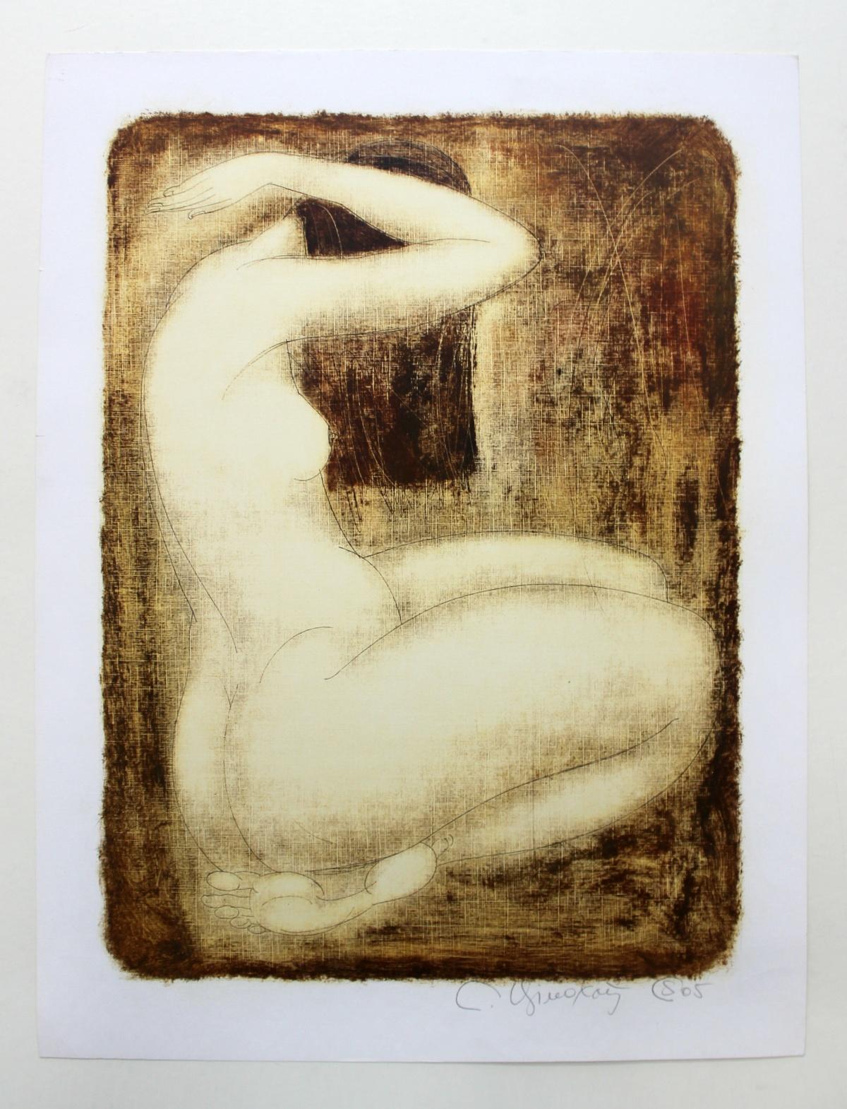 Nude - XXI Century, Figurative Monotype Print, Monochromatic - Beige Figurative Print by Siergiej Timochow