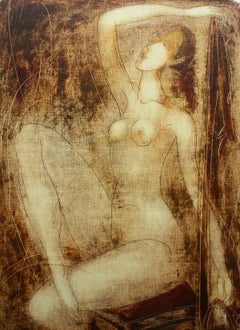Nude with raised hand - XXI Century, Figurative Monotype Print, Monochromatic